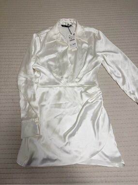Zara Satin White Wrap-Style Long Sleeve Dress